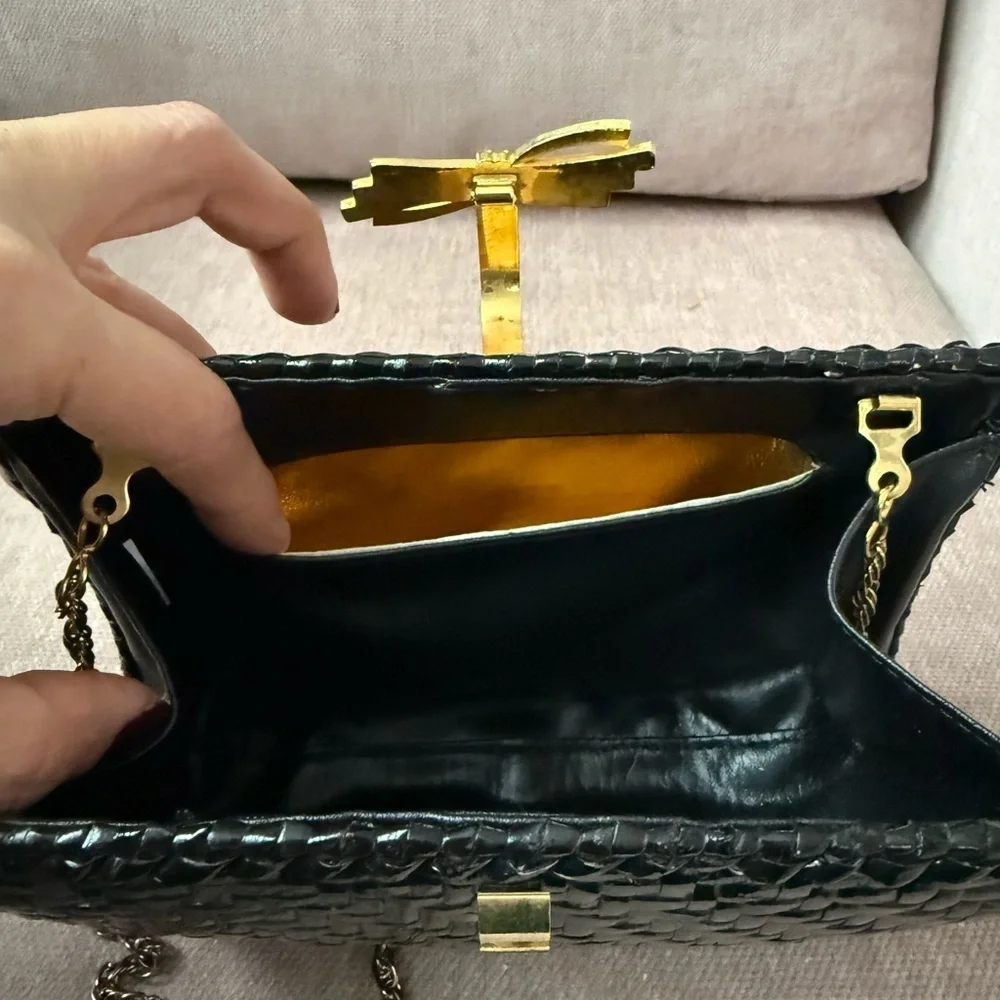 Vintage Rodo Black Lacquer Wicker Bag with gold tone chain Strap